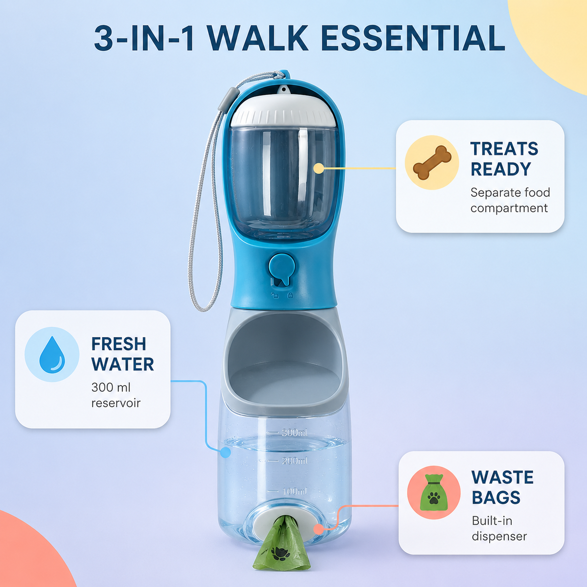 3-in-1 Portable Dog Water Bottle – Water, Treats & Waste Bag Dispenser