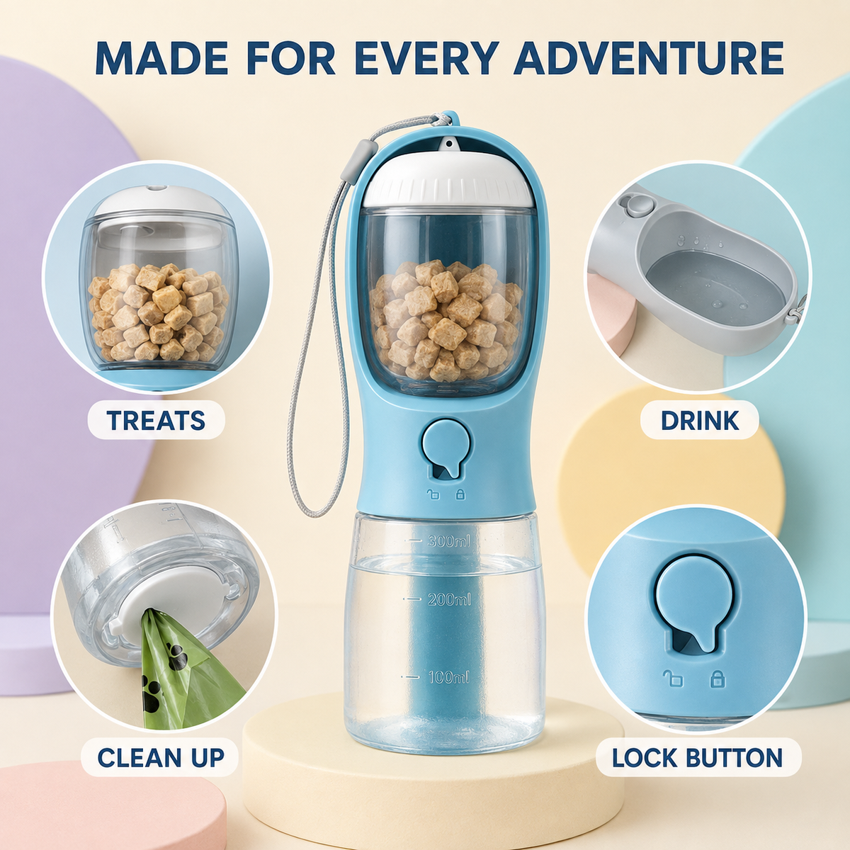 3-in-1 Portable Dog Water Bottle – Water, Treats & Waste Bag Dispenser