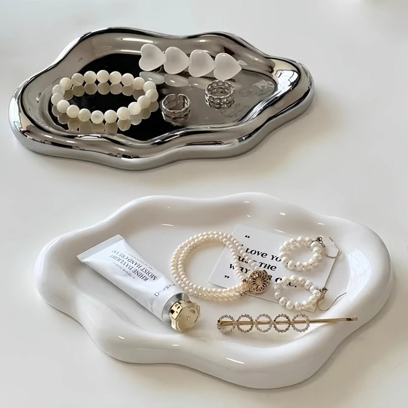 Plateau à Bijoux Nuage — Organisateur Décoratif Argenté ou Blanc, Coiffeuse & Chambre